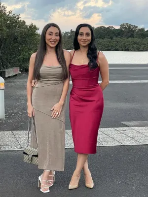 Anja - Wine Satin Corset Midi Dress